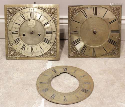 Two 18th century brass clock dials and movements, to include...