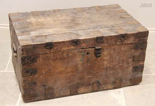 A 19th century pine trunk, applied with metal corner bracket...