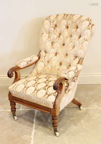 A Victorian upholstered mahogany drawing room chair, the arc...