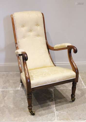 A Victorian mahogany and upholstered open armchair, the angl...