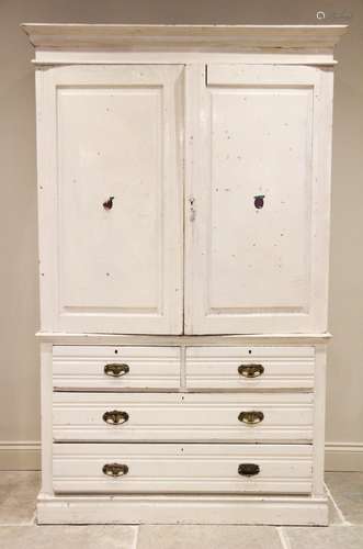 A late Victorian painted linen press, the cavetto cornice ab...