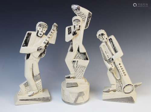 A French jazz age chromed porcelain three piece band by Pima...