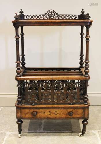 A Victorian burr walnut etagere Canterbury, the quarter vene...