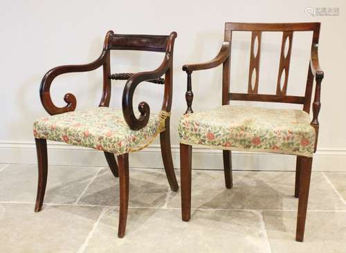 A Regency mahogany elbow chair, with a rope twist rail above...