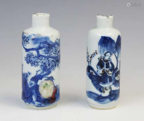 Two Chinese porcelain blue and white snuff bottles, Kangxi (...