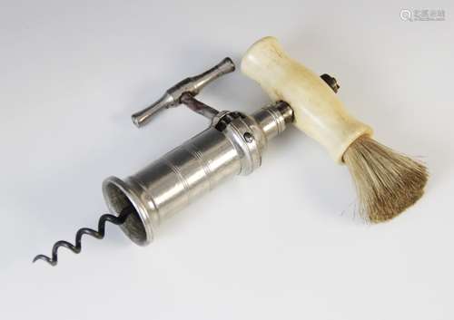 A vintage cork screw and dust brush, 20th century, the nicke...