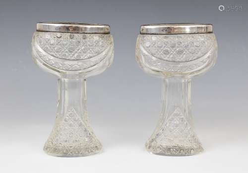 A pair of George V cut glass silver mounted posy vases, mark...
