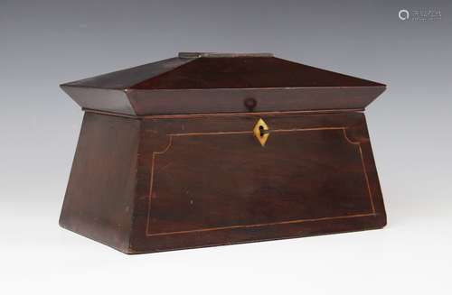 A George III mahogany tea caddy, of sarcophagus form , the p...