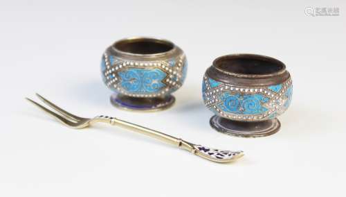 A pair of Danish silver and enamel open salts by Marius Hamm...