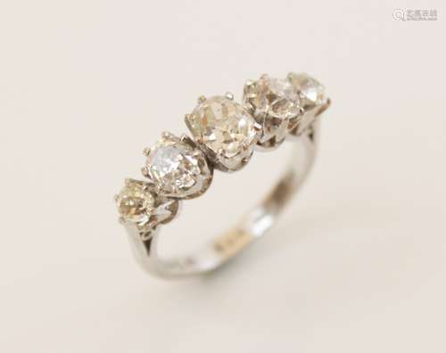 A diamond five-stone ring, the central old cushion cut diamo...