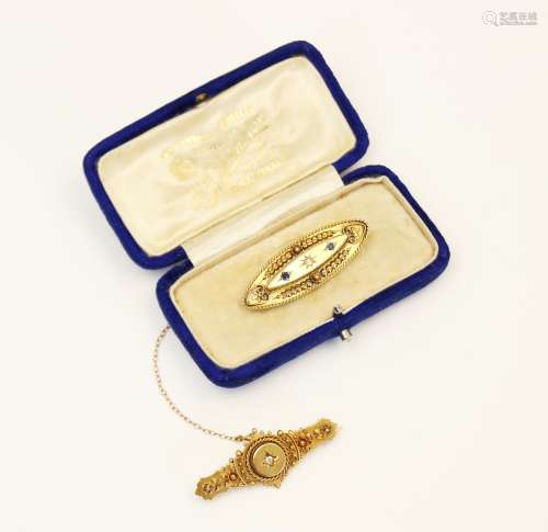 A Victorian 15ct gold diamond set Etruscan bar brooch, Chest...