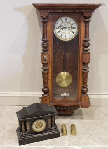 A Victorian twin weight beech and walnut Vienna wall clock, ...