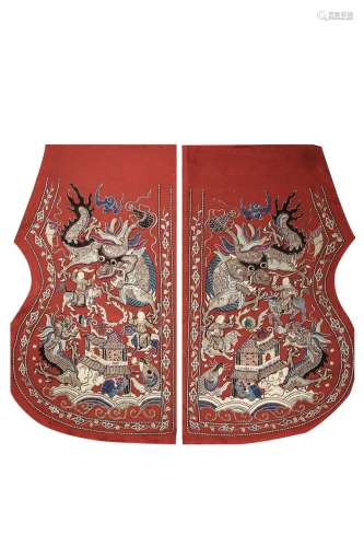 chinese red-ground embroidery hanging screen