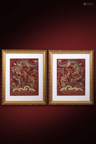 two chinese red-ground embroidery hanging screens
