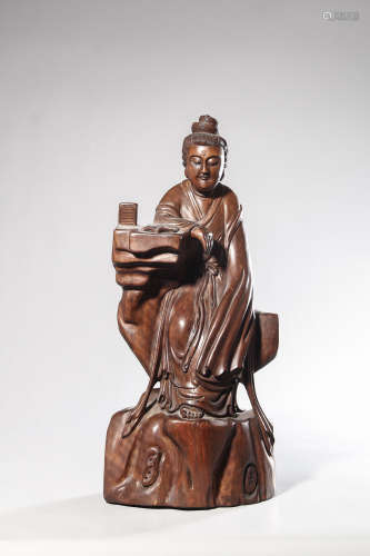 pair of chinese longan wood guanyin statue