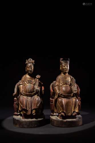 chinese two gold-lacquer nanmu statues