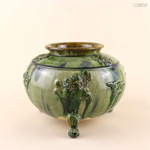 A CHINESE THREE-COLOUR GLAZED POTTERY INCENSE BURNER WITH TH...