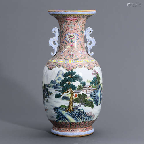 A CHINESE FAMILLE-ROSE PORCELAIN VASE WITH LANDSCAPE PATTERN...