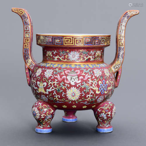 A CHINESE FAMILLE ROSE PORCELAIN INCENSE BURNER WITH JIAQING...