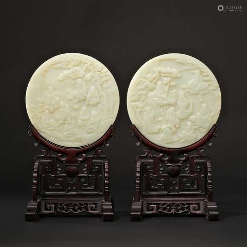 A PAIR OF IMPORTANT CHINESE JADE CARVED TABLE SCREEN WITH CH...