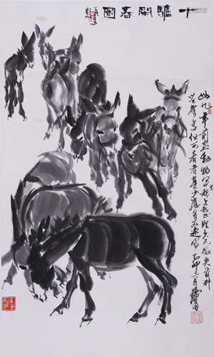 A Chinese Ten Donkey Painting, Huang Zhou Mark