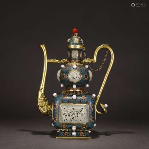 A CHINESE BRONZE ENAMEL CLOISONNE INLAID WITH JADE ANDD GEMS...