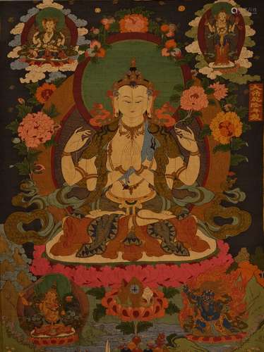 A CHINESE KESI FOUR-ARMED AVALOKITESHVARA THANGKA