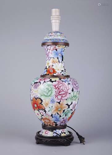 A CHINESE BRONZE PAINTED ENAMEL LAMPSTAND WITH FLOWER PATTER...