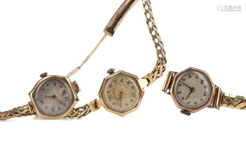 THREE LADY'S GOLD CASED MANUAL WIND WRIST WATCHES, comprisin...