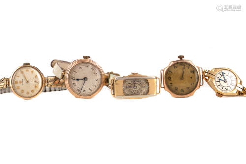 FIVE GOLD CASED LADY'S MANUAL WIND WRIST WATCHES, four marke...