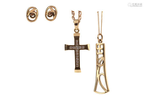 A DIAMOND CROSS PENDANT AND A RENNIE MACKINTOSH PENDANT AND ...