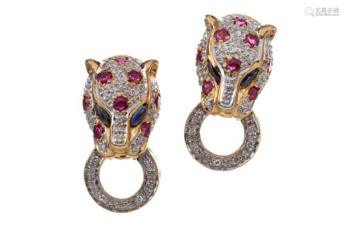 A RUBY AND DIAMOND PANTHER RING AND EARRINGS