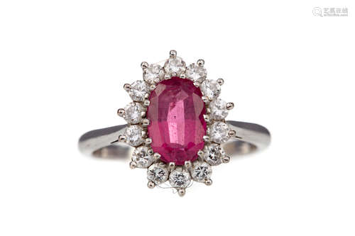 A RUBY AND DIAMOND CLUSTER RING