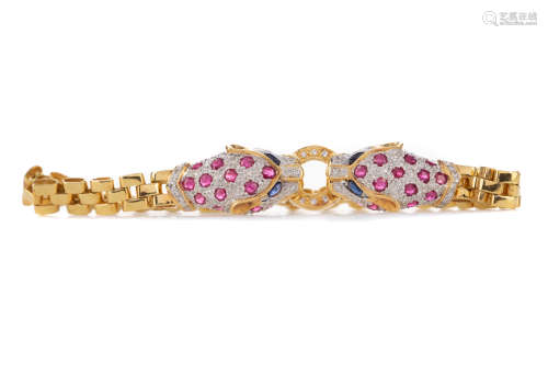 A SAPPHIRE, RUBY AND DIAMOND PANTHER BRACELET