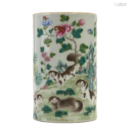 A FAMILLE-ROSE 'FLOWERS AND BIRDS' BRUSHPOT