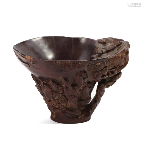 A CARVED WOOD 'FIGURES' FLARED-MOUTH CUP
