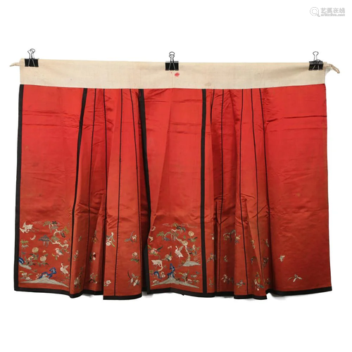 A RED-GROUND EMBROIDERED FLORAL SKIRT