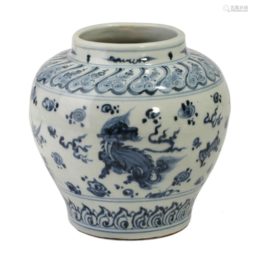 A BLUE AND WHITE 'MYTHICAL BEAST' JAR