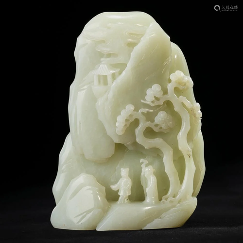 A CELADON JADE 'LANDSCAPE AND FIGURES' CARVING