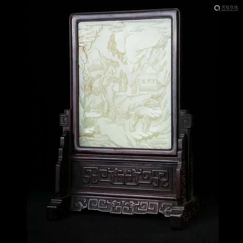 A WHITE JADE 'LANDSCAPE AND FIGURES' TABLE SCREEN