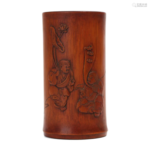 A BAMBOO CARVED 'FIGURES' BRUSHPOT