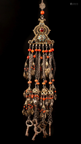 A fine gilt silver coral and turquoise pendant -