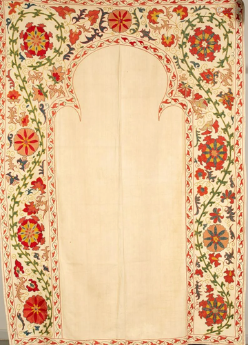 Suzani silk textile with floral embroidery, sar-deri -