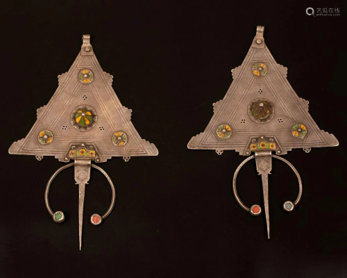 A pair of large silver enamelled Fibulas -Tiznit,