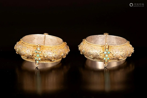 A pair of gilt silver Yemenite filigree (Shumaylat)