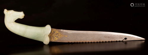 Moghul style gold inlay dagger with a jade hilt