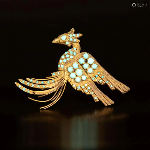 A peacock shaped brass and turquoise brooch - Persia -