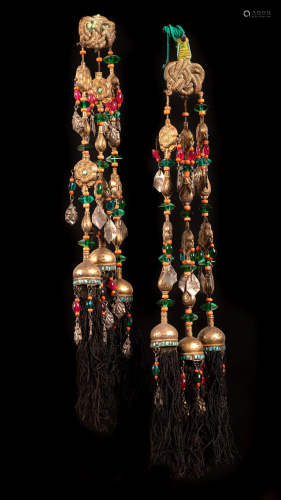 A pair of gilt silver, coral and turquoise head