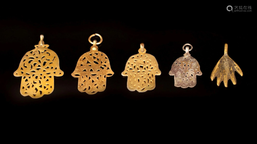 A lot of five silver and brass Hamsa amulets - Egypt