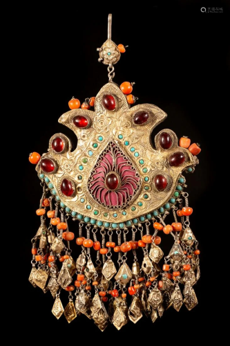 Gilded silver and coral organic form shokila ornament -